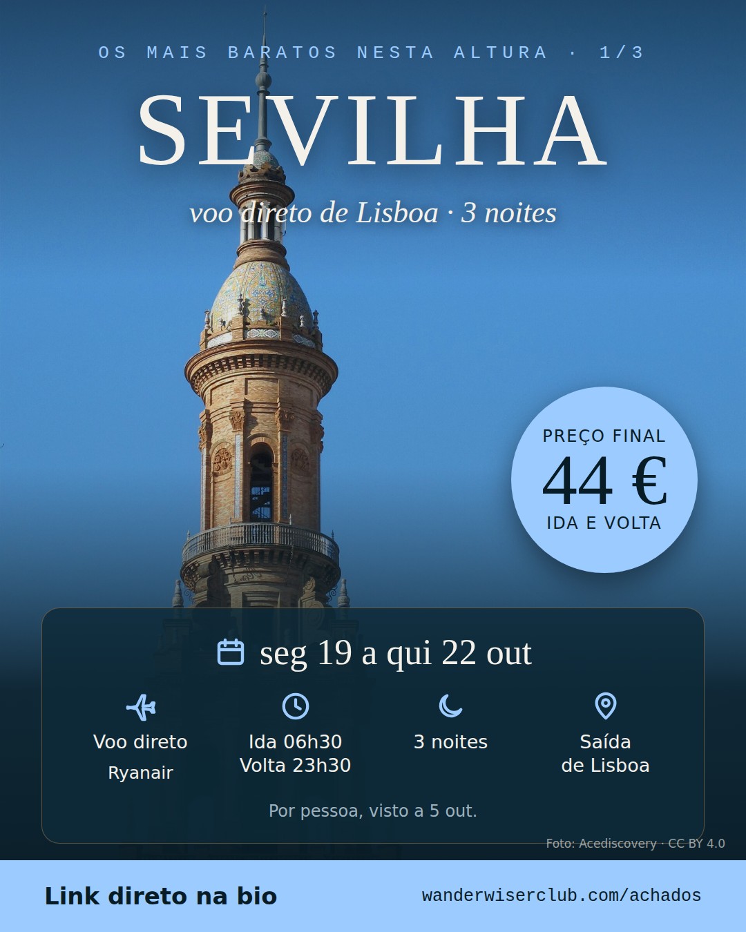 Lisboa → Sevilha, 44 € ida e volta, seg 19 out a qui 22 out