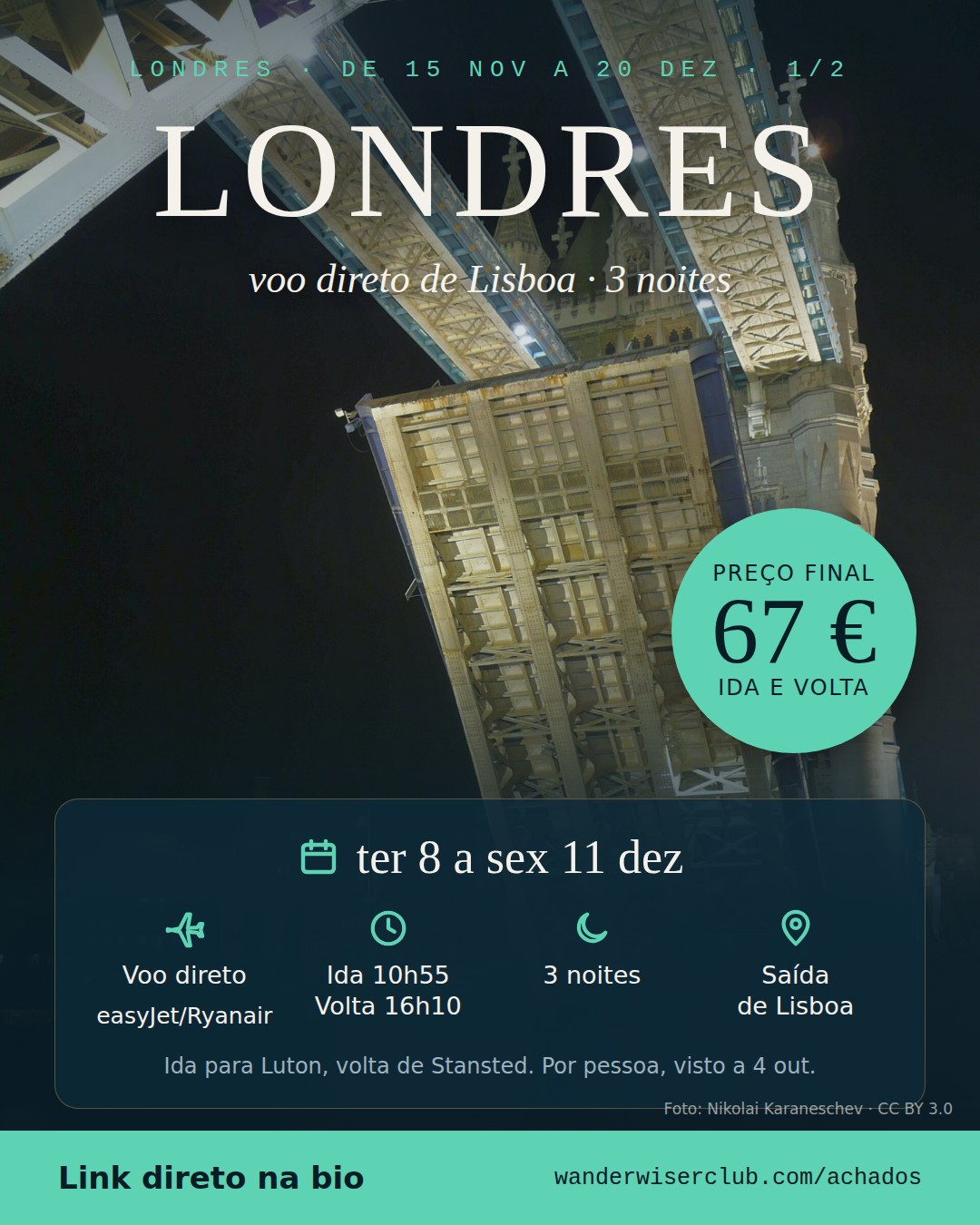 Lisboa → Londres, 67 € ida e volta, ter 8 dez a sex 11 dez