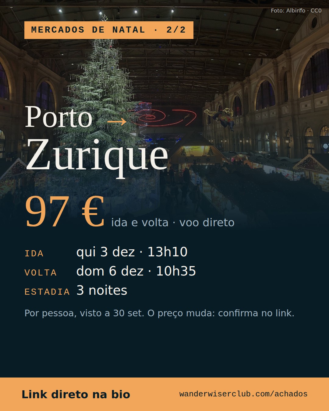 Porto → Zurique, 97 € ida e volta, qui 3 dez a dom 6 dez