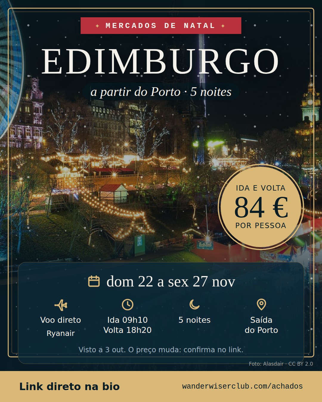 Porto → Edimburgo, 84 € ida e volta, dom 22 nov a sex 27 nov