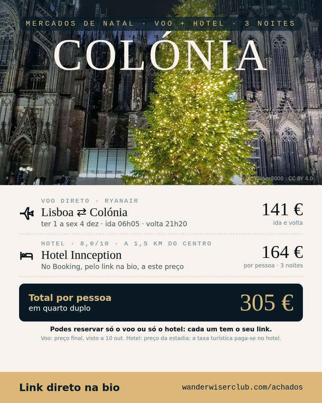 Lisboa → Colónia, 141 € ida e volta, ter 1 dez a sex 4 dez