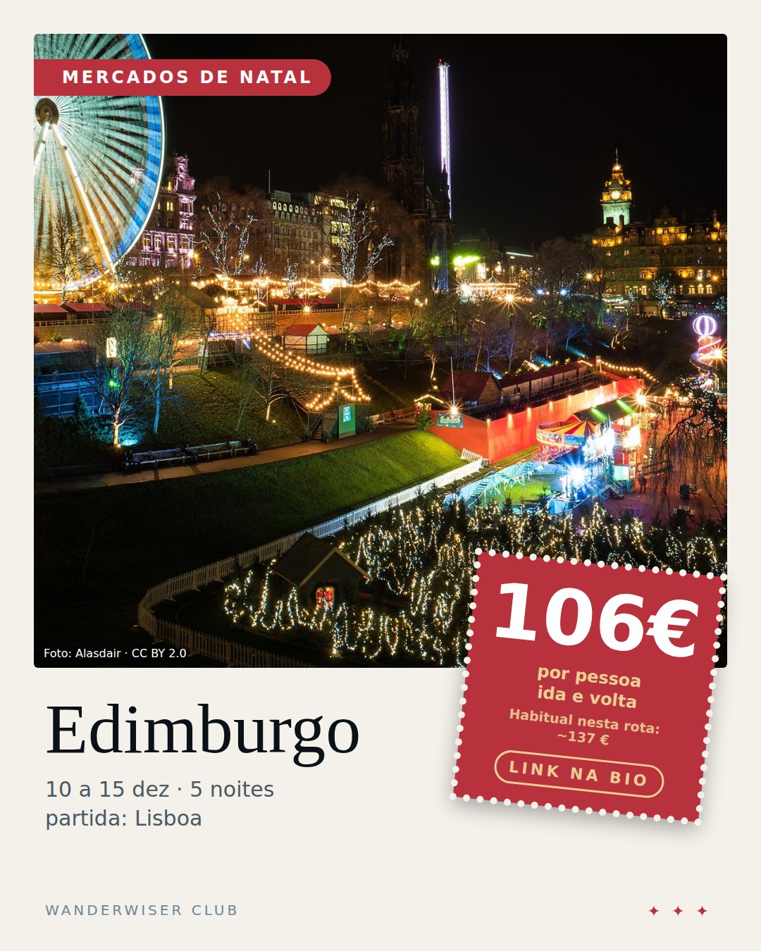 Lisboa → Edimburgo, 106 € ida e volta, qui 10 dez a ter 15 dez