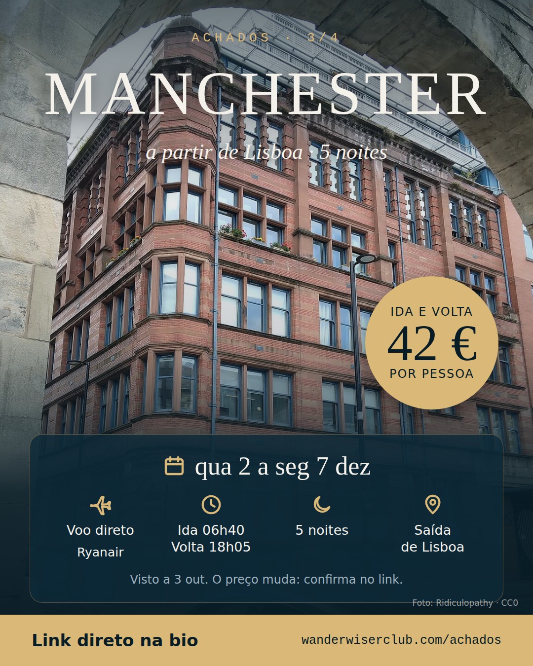 Lisboa → Manchester, 42 € ida e volta, qua 2 dez a seg 7 dez