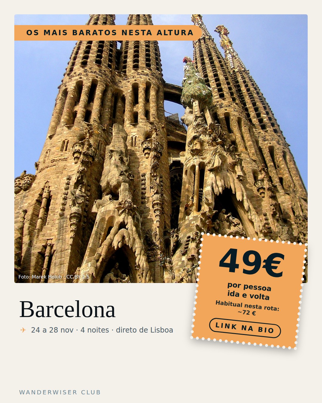 Lisboa → Barcelona, 49 € ida e volta, ter 24 nov a sáb 28 nov