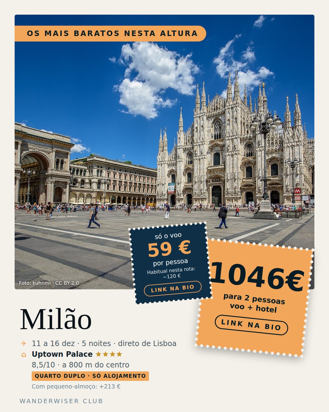 Lisboa → Milão, 59 € ida e volta, sex 11 dez a qua 16 dez
